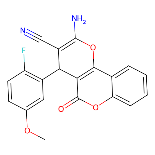 2-amino-4-(2-fluoro-5-methoxyphenyl)-5-oxo-4H,5H-pyrano[3,2-c]chromene-3-carbonitrile structure