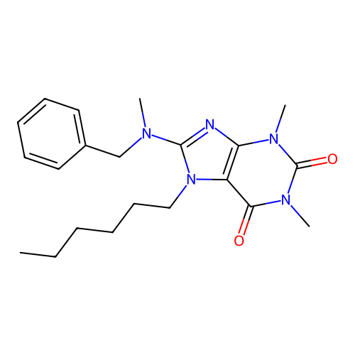 8-[benzyl(methyl)amino]-7-hexyl-1,3-dimethyl-3,7-dihydro-1H-purine-2,6-dione structure