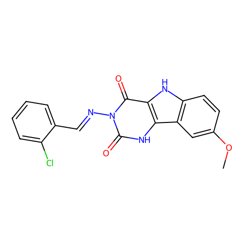 (E)-3-((2-chlorobenzylidene)amino)-8-methoxy-1H-pyrimido[5,4-b]indole-2,4(3H,5H)-dione structure