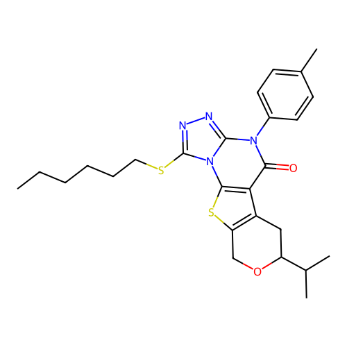 1-(hexylsulfanyl)-4-(4-methylphenyl)-7-(propan-2-yl)-6,9-dihydro-7H-pyrano[4',3':4,5]thieno[3,2-e][1,2,4]triazolo[4,3-a]pyrimidin-5(4H)-one structure