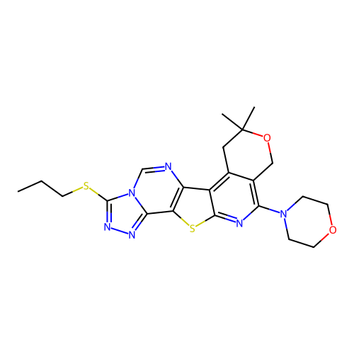 8,8-dimethyl-11-(morpholin-4-yl)-3-(propylsulfanyl)-7,10-dihydro-8H-pyrano[4'',3'':4',5']pyrido[3',2':4,5]thieno[2,3-e][1,2,4]triazolo[4,3-c]pyrimidine structure