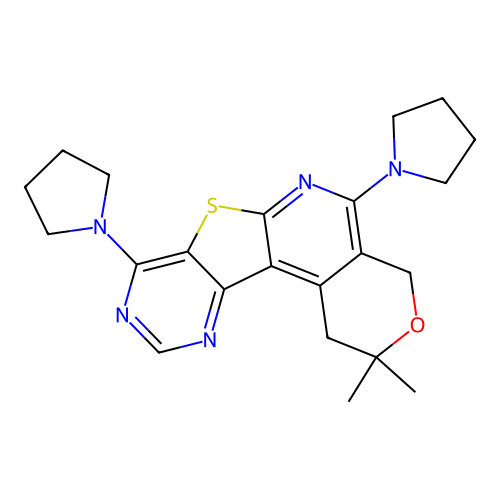 2,2-dimethyl-5,8-di(pyrrolidin-1-yl)-1,4-dihydro-2H-pyrano[4'',3'':4',5']pyrido[3',2':4,5]thieno[3,2-d]pyrimidine structure