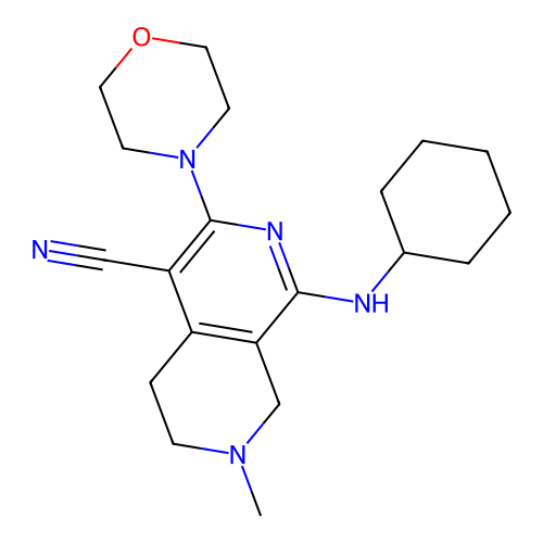 1-(cyclohexylamino)-7-methyl-3-morpholin-4-yl-6,8-dihydro-5H-2,7-naphthyridine-4-carbonitrile structure