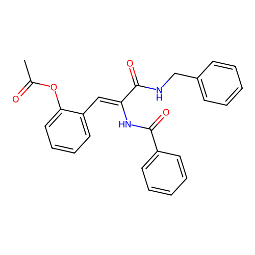 (Z)-2-(2-benzamido-3-(benzylamino)-3-oxoprop-1-en-1-yl)phenyl acetate structure