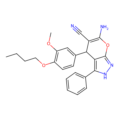 6-amino-4-(4-butoxy-3-methoxyphenyl)-3-phenyl-2,4-dihydropyrano[2,3-c]pyrazole-5-carbonitrile structure