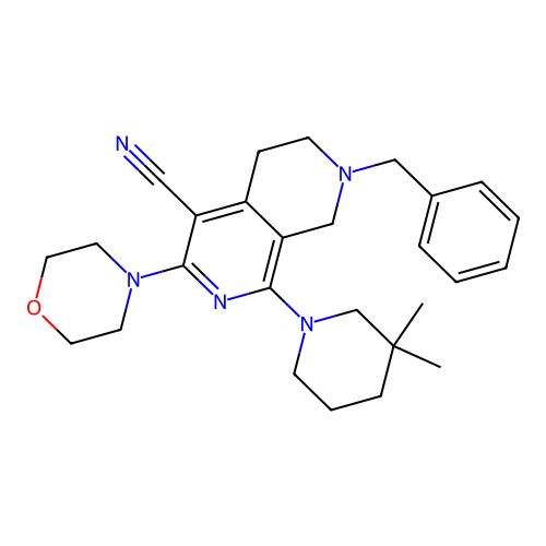 7-benzyl-1-(3,3-dimethylpiperidin-1-yl)-3-(morpholin-4-yl)-5,6,7,8-tetrahydro-2,7-naphthyridine-4-carbonitrile structure