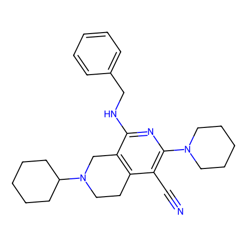 1-(benzylamino)-7-cyclohexyl-3-(piperidin-1-yl)-5,6,7,8-tetrahydro-2,7-naphthyridine-4-carbonitrile structure