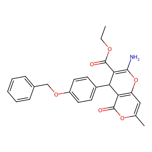 ethyl 2-amino-4-(4-(benzyloxy)phenyl)-7-methyl-5-oxo-4,5-dihydropyrano[4,3-b]pyran-3-carboxylate structure