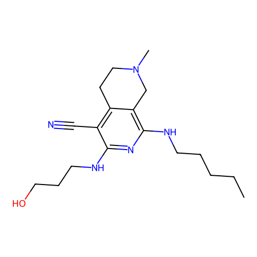 3-(3-hydroxypropylamino)-7-methyl-1-(pentylamino)-6,8-dihydro-5H-2,7-naphthyridine-4-carbonitrile structure