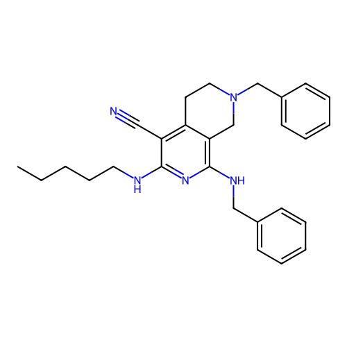7-benzyl-1-(benzylamino)-3-(pentylamino)-5,6,7,8-tetrahydro-2,7-naphthyridine-4-carbonitrile structure