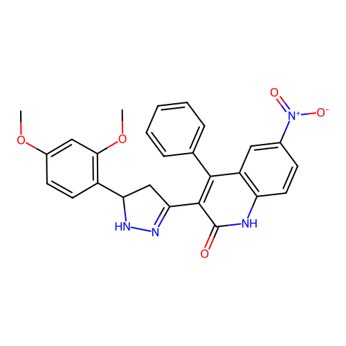 3-(5-(2,4-dimethoxyphenyl)-4,5-dihydro-1H-pyrazol-3-yl)-6-nitro-4-phenylquinolin-2(1H)-one structure