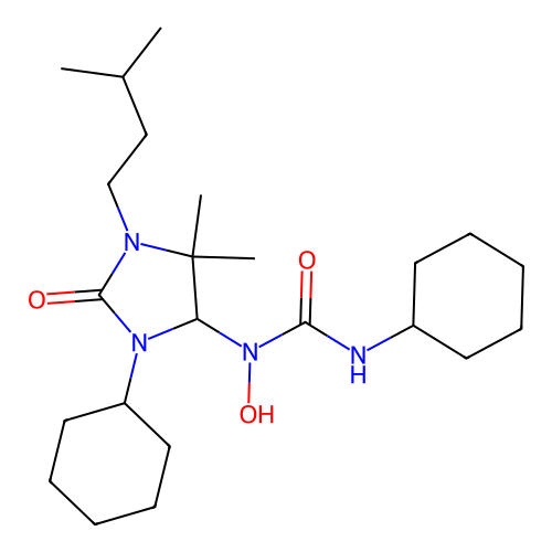 3-cyclohexyl-1-[3-cyclohexyl-5,5-dimethyl-1-(3-methylbutyl)-2-oxoimidazolidin-4-yl]-1-hydroxyurea structure