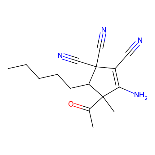 4-Acetyl-3-amino-4-methyl-5-pentylcyclopent-2-ene-1,1,2-tricarbonitrile structure