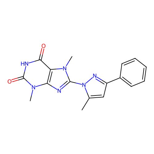 3,7-dimethyl-8-(5-methyl-3-phenylpyrazol-1-yl)purine-2,6-dione structure