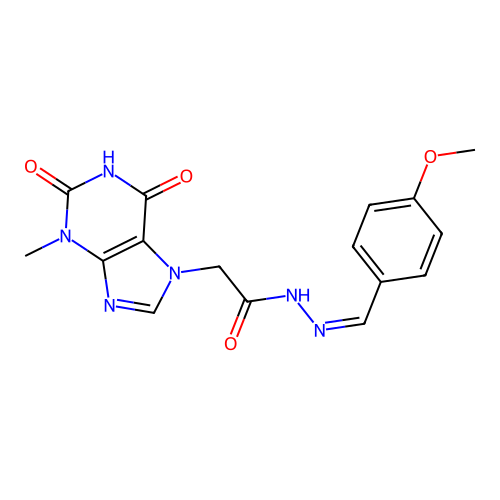 N-[(Z)-(4-methoxyphenyl)methylideneamino]-2-(3-methyl-2,6-dioxopurin-7-yl)acetamide structure