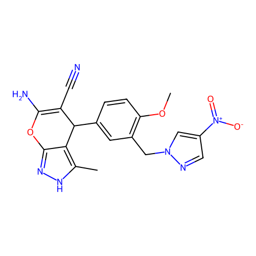 6-amino-4-[3-({4-nitro-1H-pyrazol-1-yl}methyl)-4-methoxyphenyl]-3-methyl-1,4-dihydropyrano[2,3-c]pyrazole-5-carbonitrile structure