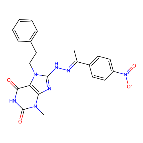 3-methyl-8-{(2E)-2-[1-(4-nitrophenyl)ethylidene]hydrazinyl}-7-(2-phenylethyl)-3,7-dihydro-1H-purine-2,6-dione structure