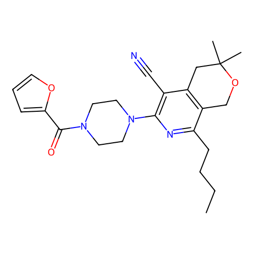 8-butyl-6-(4-(furan-2-carbonyl)piperazin-1-yl)-3,3-dimethyl-3,4-dihydro-1H-pyrano[3,4-c]pyridine-5-carbonitrile structure