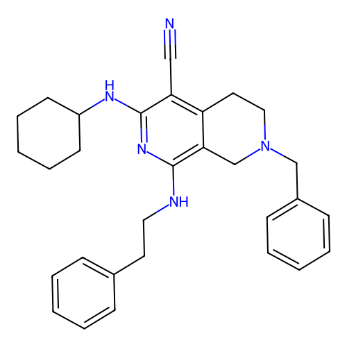 7-benzyl-3-(cyclohexylamino)-1-(phenethylamino)-6,8-dihydro-5H-2,7-naphthyridine-4-carbonitrile structure