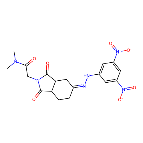 (Z)-2-(5-(2-(3,5-dinitrophenyl)hydrazono)-1,3-dioxohexahydro-1H-isoindol-2(3H)-yl)-N,N-dimethylacetamide structure