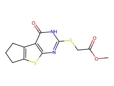 methyl [(4-oxo-3,5,6,7-tetrahydro-4H-cyclopenta[4,5]thieno[2,3-d]pyrimidin-2-yl)sulfanyl]acetate structure