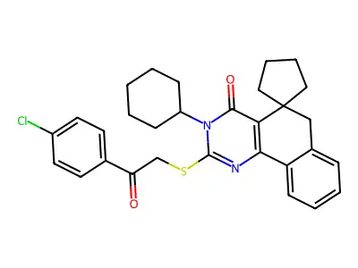 2-[2-(4-chlorophenyl)-2-oxoethyl]sulfanyl-3-cyclohexylspiro[6H-benzo[h]quinazoline-5,1'-cyclopentane]-4-one structure