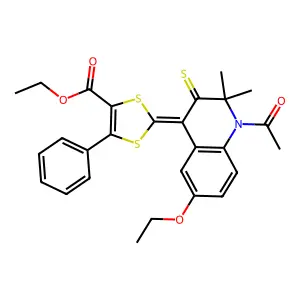 (Z)-ethyl 2-(1-acetyl-6-ethoxy-2,2-dimethyl-3-thioxo-2,3-dihydroquinolin-4(1H)-ylidene)-5-phenyl-1,3-dithiole-4-carboxylate structure
