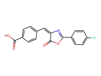 4-{(E)-[2-(4-fluorophenyl)-5-oxo-1,3-oxazol-4(5H)-ylidene]methyl}benzoic acid structure