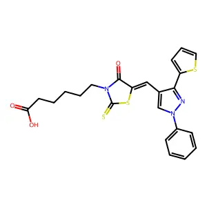 (Z)-6-(4-oxo-5-((1-phenyl-3-(thiophen-2-yl)-1H-pyrazol-4-yl)methylene)-2-thioxothiazolidin-3-yl)hexanoic acid structure