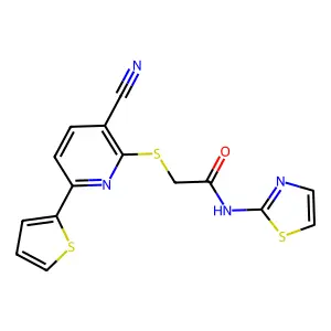 2-(3-cyano-6-thiophen-2-ylpyridin-2-yl)sulfanyl-N-(1,3-thiazol-2-yl)acetamide structure