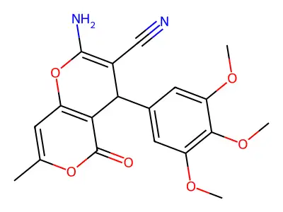 2-amino-7-methyl-5-oxo-4-(3,4,5-trimethoxyphenyl)-4,5-dihydropyrano[4,3-b]pyran-3-carbonitrile structure