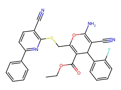 ethyl 6-amino-5-cyano-2-{[(3-cyano-6-phenylpyridin-2-yl)sulfanyl]methyl}-4-(2-fluorophenyl)-4H-pyran-3-carboxylate structure