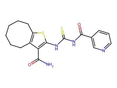N-[(3-carbamoyl-4,5,6,7,8,9-hexahydrocycloocta[b]thiophen-2-yl)carbamothioyl]pyridine-3-carboxamide structure