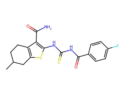 2-[(4-fluorobenzoyl)carbamothioylamino]-6-methyl-4,5,6,7-tetrahydro-1-benzothiophene-3-carboxamide structure