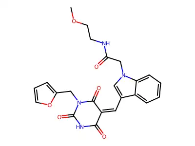 2-(3-{(Z)-[1-(furan-2-ylmethyl)-2,4,6-trioxotetrahydropyrimidin-5(2H)-ylidene]methyl}-1H-indol-1-yl)-N-(2-methoxyethyl)acetamide structure
