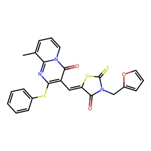 (Z)-3-(furan-2-ylmethyl)-5-((9-methyl-4-oxo-2-(phenylthio)-4H-pyrido[1,2-a]pyrimidin-3-yl)methylene)-2-thioxothiazolidin-4-one structure