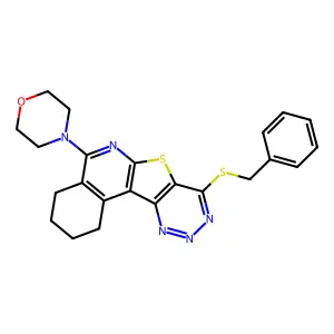 4-(8-(benzylthio)-1,2,3,4-tetrahydro-[1,2,3]triazino[4',5':4,5]thieno[2,3-c]isoquinolin-5-yl)morpholine structure