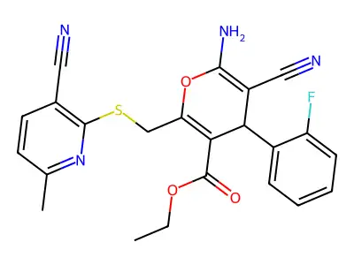 ethyl 6-amino-5-cyano-2-{[(3-cyano-6-methylpyridin-2-yl)sulfanyl]methyl}-4-(2-fluorophenyl)-4H-pyran-3-carboxylate structure