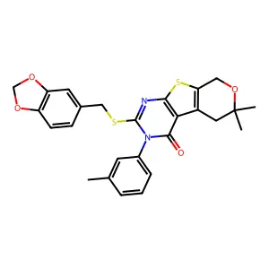 2-[(1,3-benzodioxol-5-ylmethyl)sulfanyl]-6,6-dimethyl-3-(3-methylphenyl)-3,5,6,8-tetrahydro-4H-pyrano[4',3':4,5]thieno[2,3-d]pyrimidin-4-one structure