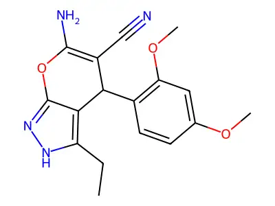 6-amino-4-(2,4-dimethoxyphenyl)-3-ethyl-1,4-dihydropyrano[2,3-c]pyrazole-5-carbonitrile structure