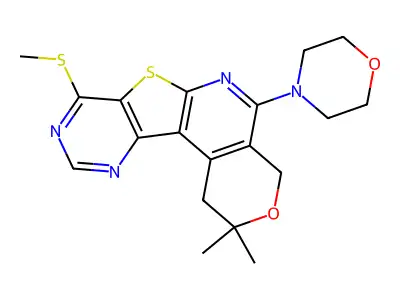 2,2-dimethyl-8-(methylthio)-5-morpholino-2,4-dihydro-1H-pyrano[4'',3'':4',5']pyrido[3',2':4,5]thieno[3,2-d]pyrimidine structure