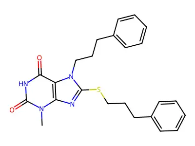 3-methyl-7-(3-phenylpropyl)-8-[(3-phenylpropyl)sulfanyl]-2,3,6,7-tetrahydro-1H-purine-2,6-dione structure
