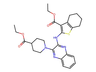 ethyl 1-(3-{[3-(ethoxycarbonyl)-4,5,6,7-tetrahydro-1-benzothiophen-2-yl]amino}quinoxalin-2-yl)piperidine-4-carboxylate structure