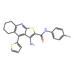 3-amino-N-(4-iodophenyl)-4-(thiophen-2-yl)-5,6,7,8-tetrahydrothieno[2,3-b]quinoline-2-carboxamide structure