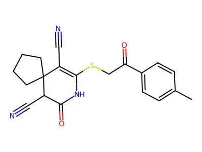 9-[2-(4-methylphenyl)-2-oxoethyl]sulfanyl-7-oxo-8-azaspiro[4.5]dec-9-ene-6,10-dicarbonitrile structure