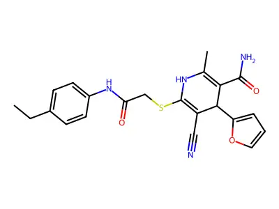 5-cyano-6-((2-((4-ethylphenyl)amino)-2-oxoethyl)thio)-4-(furan-2-yl)-2-methyl-1,4-dihydropyridine-3-carboxamide structure