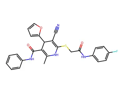 5-cyano-6-((2-((4-fluorophenyl)amino)-2-oxoethyl)thio)-4-(furan-2-yl)-2-methyl-N-phenyl-1,4-dihydropyridine-3-carboxamide structure