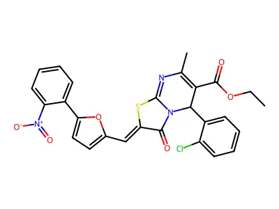 ethyl (2Z)-5-(2-chlorophenyl)-7-methyl-2-[[5-(2-nitrophenyl)furan-2-yl]methylidene]-3-oxo-5H-[1,3]thiazolo[3,2-a]pyrimidine-6-carboxylate structure