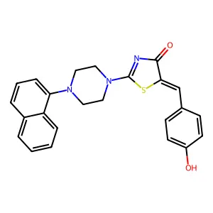 (5E)-5-(4-hydroxybenzylidene)-2-[4-(naphthalen-1-yl)piperazin-1-yl]-1,3-thiazol-4(5H)-one structure