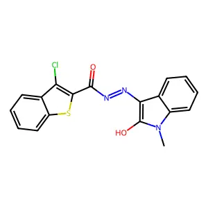3-chloro-N-[(Z)-(1-methyl-2-oxoindol-3-ylidene)amino]-1-benzothiophene-2-carboxamide structure